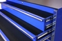 blue toolbox drawers feature full-extension ball bearing glides on toolbox drawers